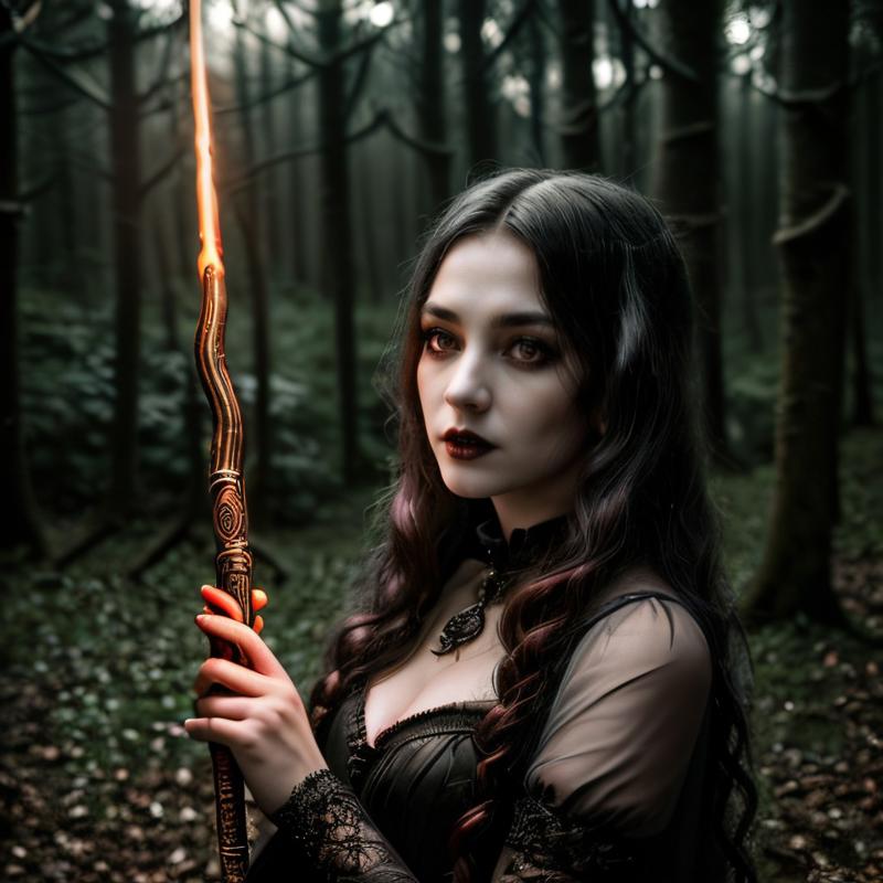 00421-1733273979-masterpiece, intricate photo, female witch with a magic wand of a wizard,  lightning strikes comes out of the magic wand, casts.jpg